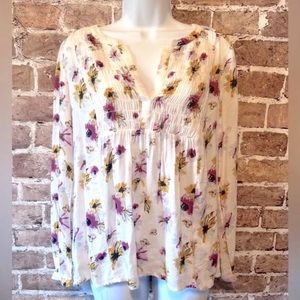 Lucky Brand Split Neck Daisy Floral Peasant Top Blouse Medium Flowy and Feminine